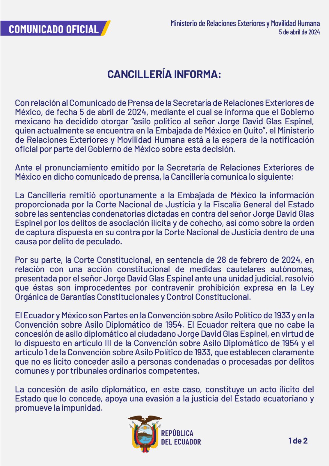 Ecuador exige que México entregue a Jorge David Glas Espinel