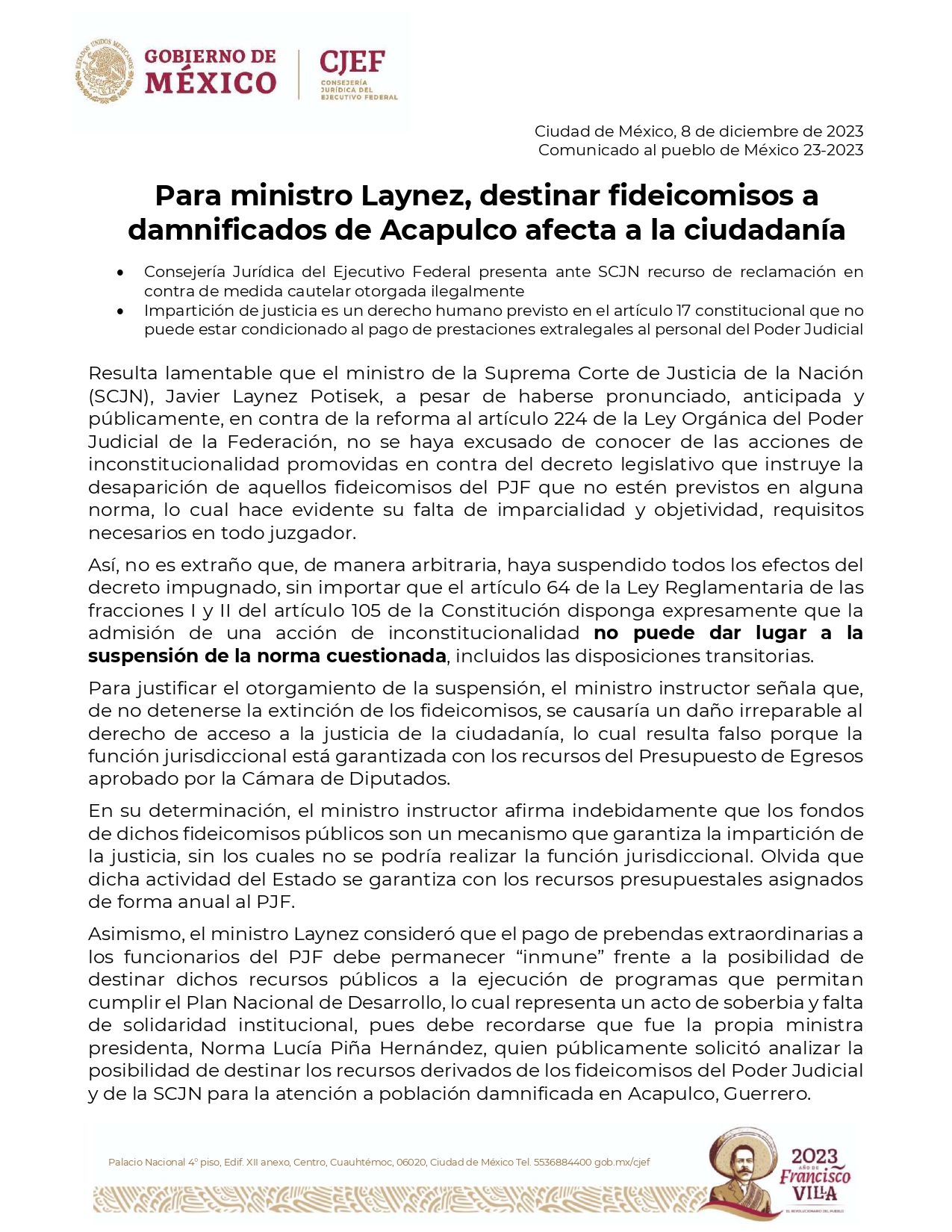Presenta la CJEF un recurso de reclamación en contra de la medida del ministro Laynez Potisek de no cancelar los 13 fideicomisos del Poder Judicial