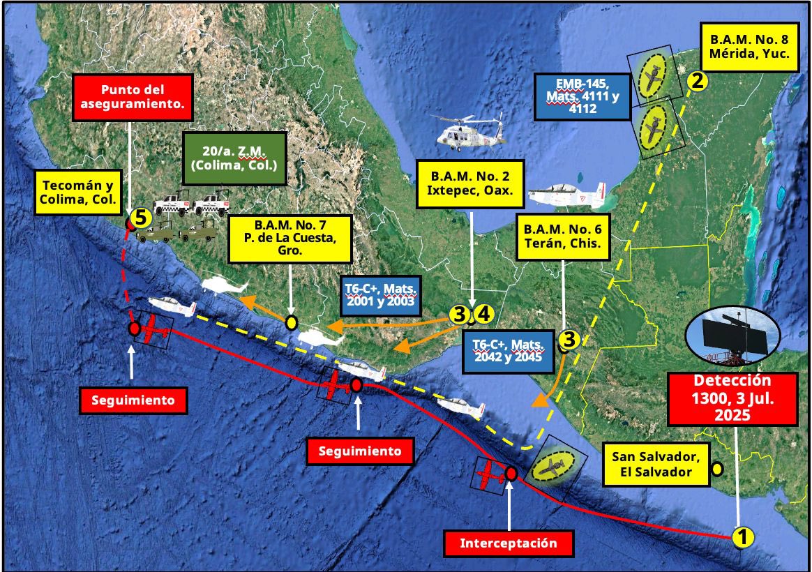 Aclara Omar García Harfuch que aeronave interceptada en Tecomán, Colima, fue detectada en San Salvador