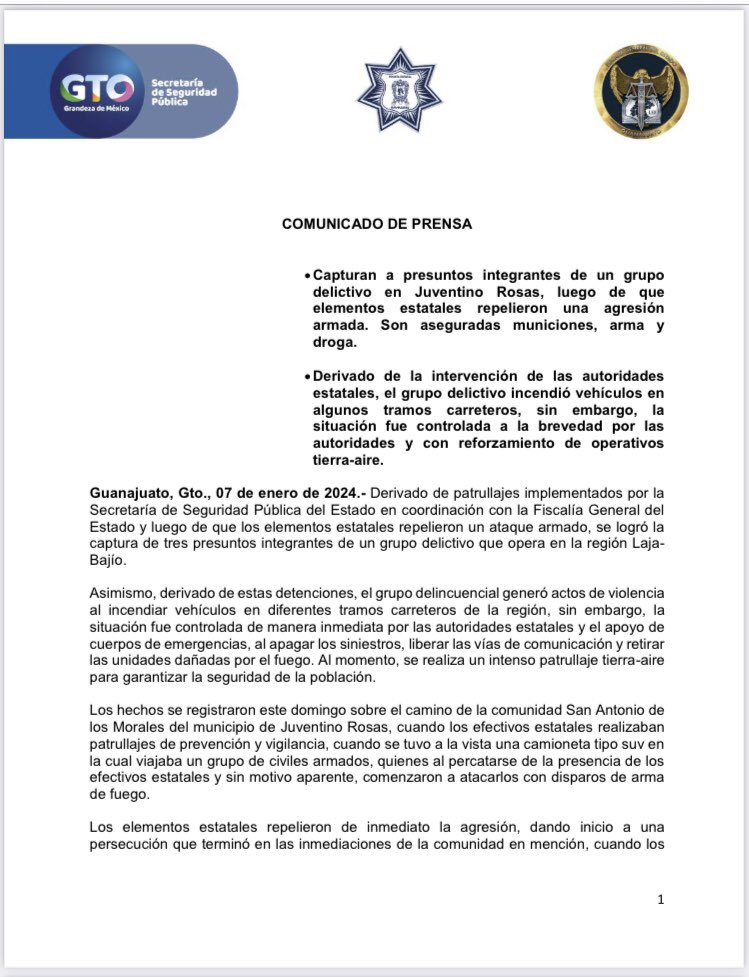 Detienen a tres presuntos integrantes de un grupo delictivo en Juventino Rosas, Guanajuato